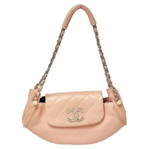 Pre Owned Chanel Peach Leather Accordion Flap Hobo
