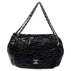 Pre Owned Chanel Black Patent Vinyl Graphic Edge Flap Bag