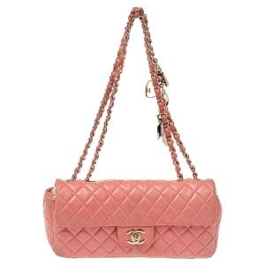 Pre Owned Chanel Pink Quilted Leather East West Valentine Charms Flap Bag