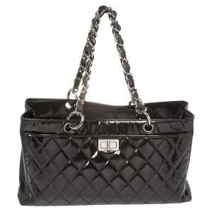 Chanel Dark Grey Quilted Caviar Patent Leather Reissue Tote