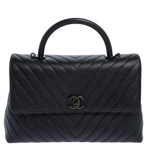 Chanel Black Chevron Leather Large Coco Top Handle Bag