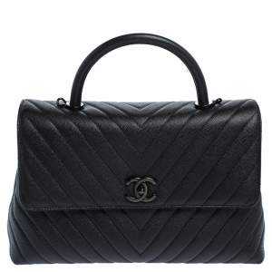 Pre Owned Chanel Black Chevron Leather Large Coco Top Handle Bag