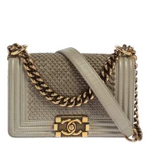 Pre Owned Chanel Grey Scales Leather Mini Chain Boy Flap Bag