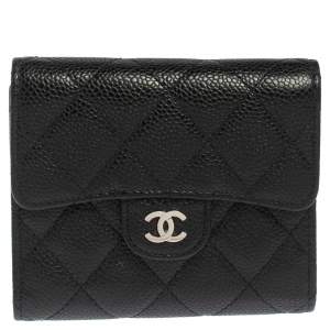 Chanel Black Caviar Quilted Leather Trifold Flap Wallet