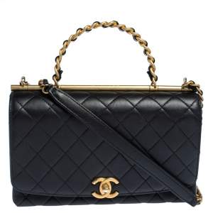 Pre Owned Chanel Black Quilted Leather Small Flap Chain Top Handle Bag 