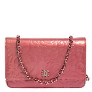 Pre Owned Chanel Pink Embossed Patent Leather Camellia WOC Clutch Bag