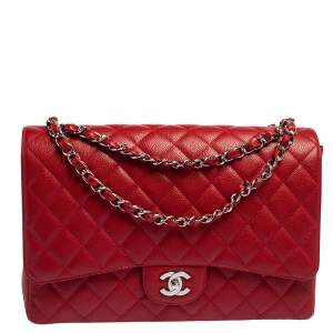 Pre Owned Chanel Red Quilted Caviar Leather Maxi Classic Single Flap Bag
