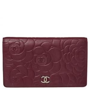 Chanel Burgundy Camellia Embossed Leather Bifold Wallet 