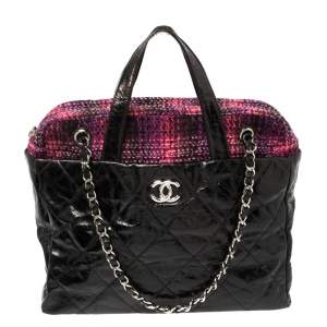 مملوكة مسبقًا Chanel Black Glazed Distressed Leather And Tweed Soho Portobello Tote Bag