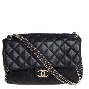 Pre Owned Chanel Black Quilted Leather Jumbo Chain Around Flap Bag