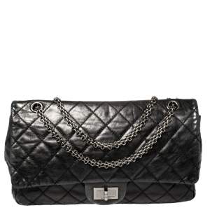 Pre Owned Chanel Metallic Black Quilted Leather Reissue 2.55 Classic 227 Classic Flap Bag
