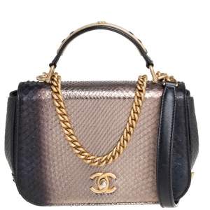 Pre Owned Chanel Metallic Black/Gold Python CC Top Handle Bag