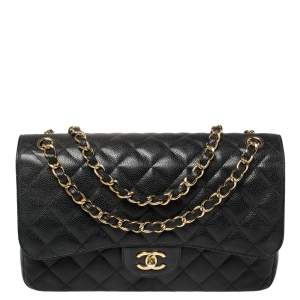 Pre Owned Chanel Black Quilted Caviar Leather Jumbo Classic Double Flap Bag