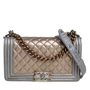 Pre Owned Chanel Metallic Gold/Silver Quilted Leather Medium Boy Flap Bag