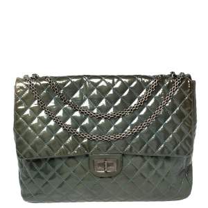 Pre Owned Chanel Teal Blue Quilted Patent Leather XL Maxi Reissue Flap Bag