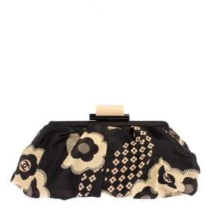 Pre Owned Chanel Black Camellia Print Fabric Frame Clutch