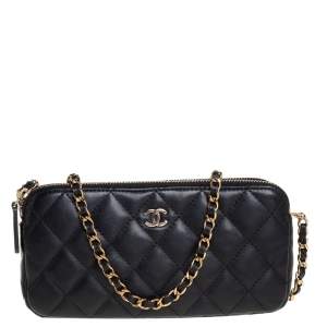 Chanel Black Quilted Leather WOC Double Zip Wallet on Chain