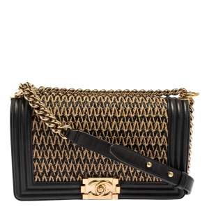 مملوكة مسبقًا Chanel Black/Beige Quilted Leather and Raffia Medium Boy Flap Bag