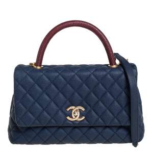 Pre Owned Chanel Navy Blue /Burgundy Caviar Leather and Lizard Medium Coco Top Handle Bag