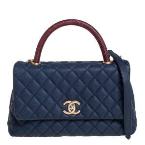 Chanel Navy Blue /Burgundy Caviar Leather and Lizard Medium Coco Top Handle Bag