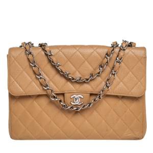 Pre Owned Chanel Beige Quilted Caviar Leather Jumbo Vintage Classic Single Flap Bag