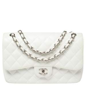 مملوكة مسبقًا Chanel White Quilted Caviar Leather Jumbo Classic Double Flap Bag