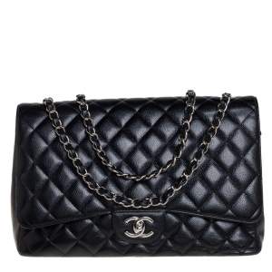 Pre Owned Chanel Black Quilted Caviar Leather Maxi Classic Double Flap Bag