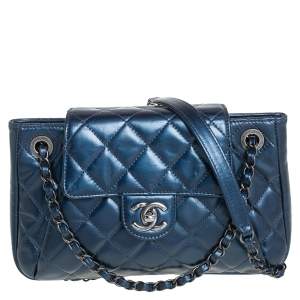 Pre Owned Chanel Blue Glazed Leather Paris Seoul Accordion Flap Bag