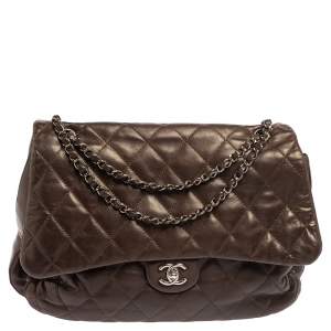 Pre Owned Chanel Dark Brown Quilted Leather Maxi 3 Accordion Flap Bag