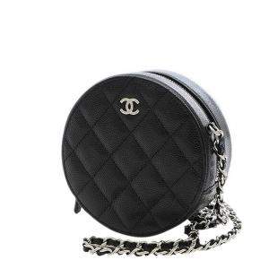 Chanel Black Caviar Leather Round Clutch with Chain