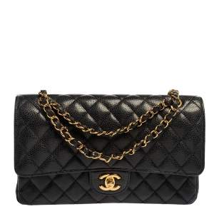 Pre Owned Chanel Black Quilted Caviar Leather Medium Classic Double Flap Bag