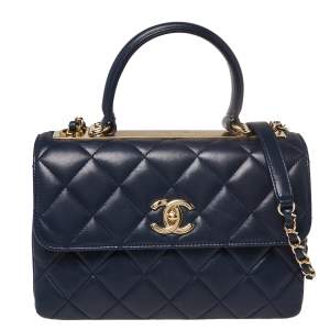 Chanel Navy Blue Quilted Lambskin Leather Small Trendy CC Flap Top Handle Bag