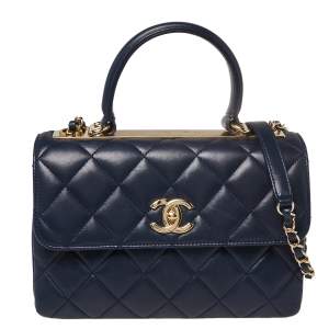 Pre Owned Chanel Navy Blue Quilted Lambskin Leather Small Trendy CC Flap Top Handle Bag