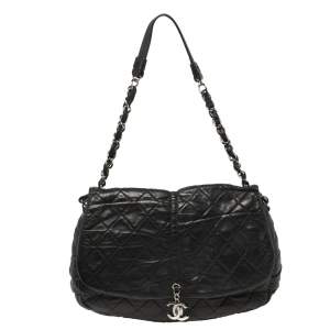 Chanel Black Quilted Pleats Leather Flap CC Charm Hobo