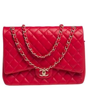 Pre Owned Chanel Red Quilted Leather Maxi Classic Double Flap Bag