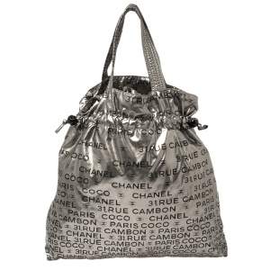 Pre Owned Chanel Silver Nylon 31 Rue Cambon Graphic Drawstring Tote