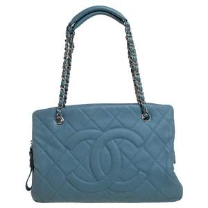 Pre Owned Chanel Stone Blue Quilted Caviar Leather Petite Timeless Tote