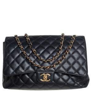 Pre Owned Chanel Black Quilted Caviar Leather Maxi Classic Double Flap Bag
