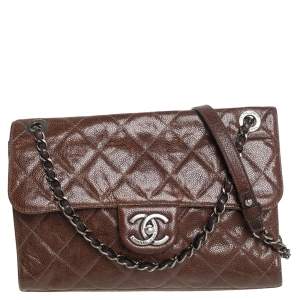 Pre Owned Chanel Dark Brown Caviar Leather Single Flap Bag