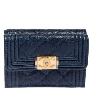 Pre Owned Chanel Blue Quilted Caviar Leather Boy Card Holder