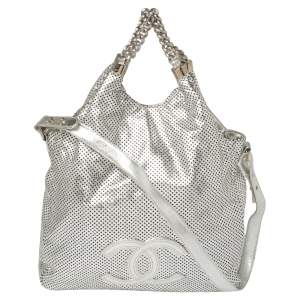 Pre Owned Chanel Silver Perforated Leather Large Rodeo Drive Hobo
