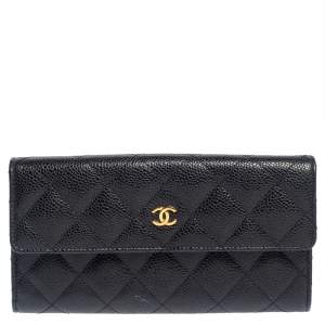 Pre Owned Chanel Black Quilted Caviar Leather Flap Wallet