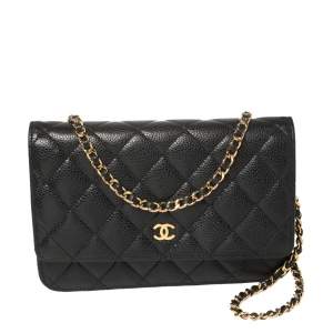 مملوكة مسبقًا Chanel Black Quilted Caviar Leather Classic Wallet on Chain
