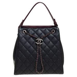 Pre Owned Chanel Black/Burgundy Quilted Caviar Leather Accordion Bucket Bag
