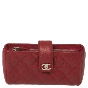 Chanel Red Quilted Caviar Leather CC Phone Pouch