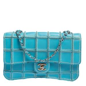 Pre Owned Chanel Blue Leather Vintage Reverse Stitch Flap Bag