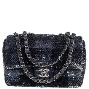 Pre Owned Chanel Black/Navy Blue Sequins Flap Bag