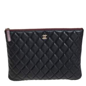 Pre Owned Chanel Black Quilted Caviar Leather Medium O Case Clutch