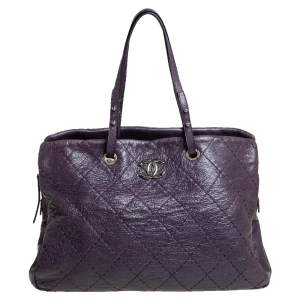 Pre Owned Chanel Purple Quilted Glazed Leather Large On the Road Tote Bag