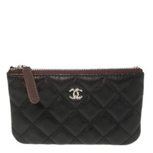 Pre Owned Chanel Black Quilted Caviar Leather Mini O-Case Zip Pouch